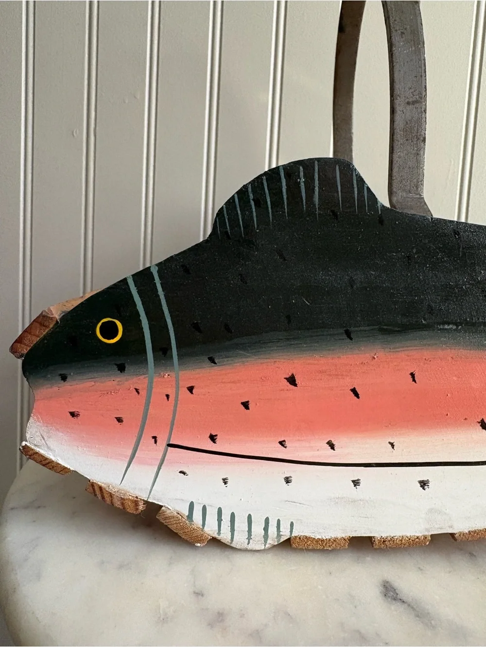 Vintage Handmade Trout Fish Wooden Basket Green & Brown VTG Cabincore Grandpa